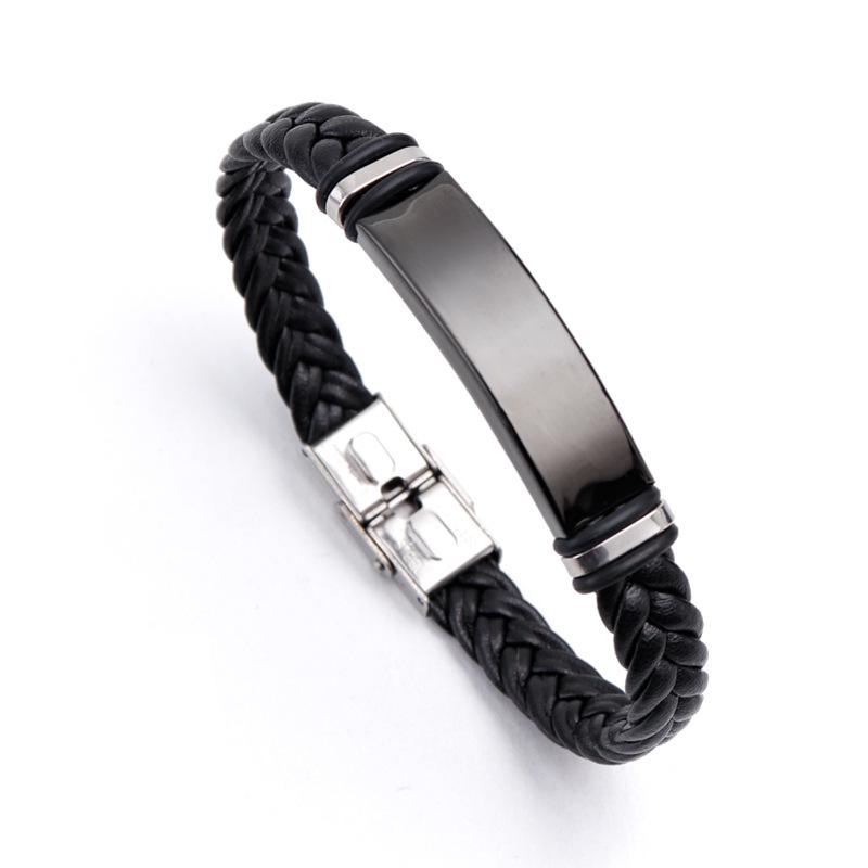 Titanium Steel Engraved Bangle with European-American Leather and Stainless Steel Woven Design