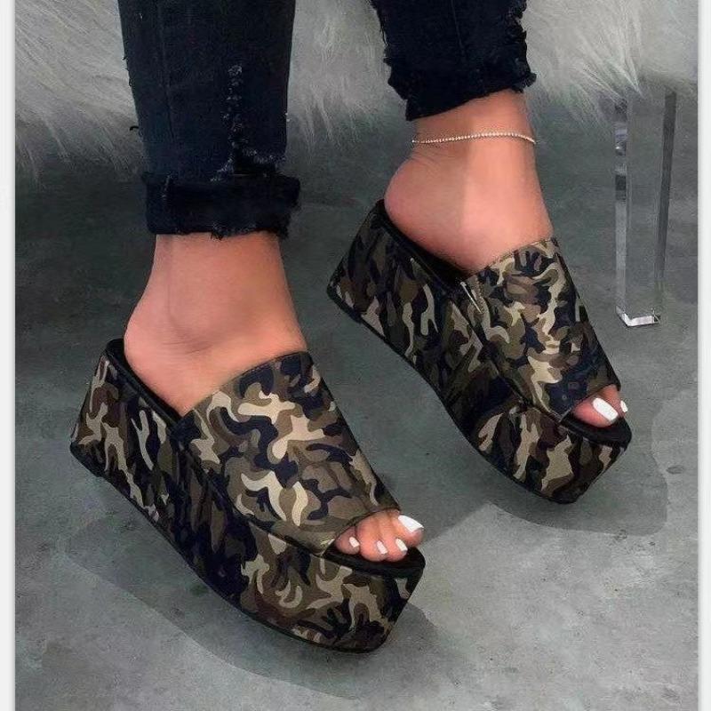 New Summer Women's Plus Size European American Style Camouflage Chunky Sole Platform One Strap Casual Slide Sandals