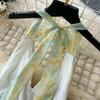 Summer Women V-neck Print Chiffon Halter Open Back Beading Long Maxi Holiday Beach Dresses