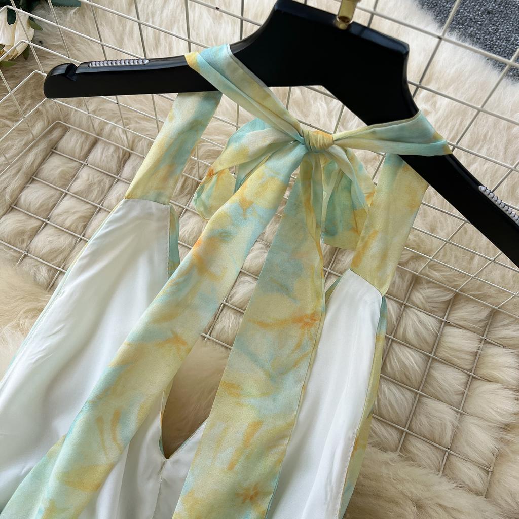 Summer Women V-neck Print Chiffon Halter Open Back Beading Long Maxi Holiday Beach Dresses