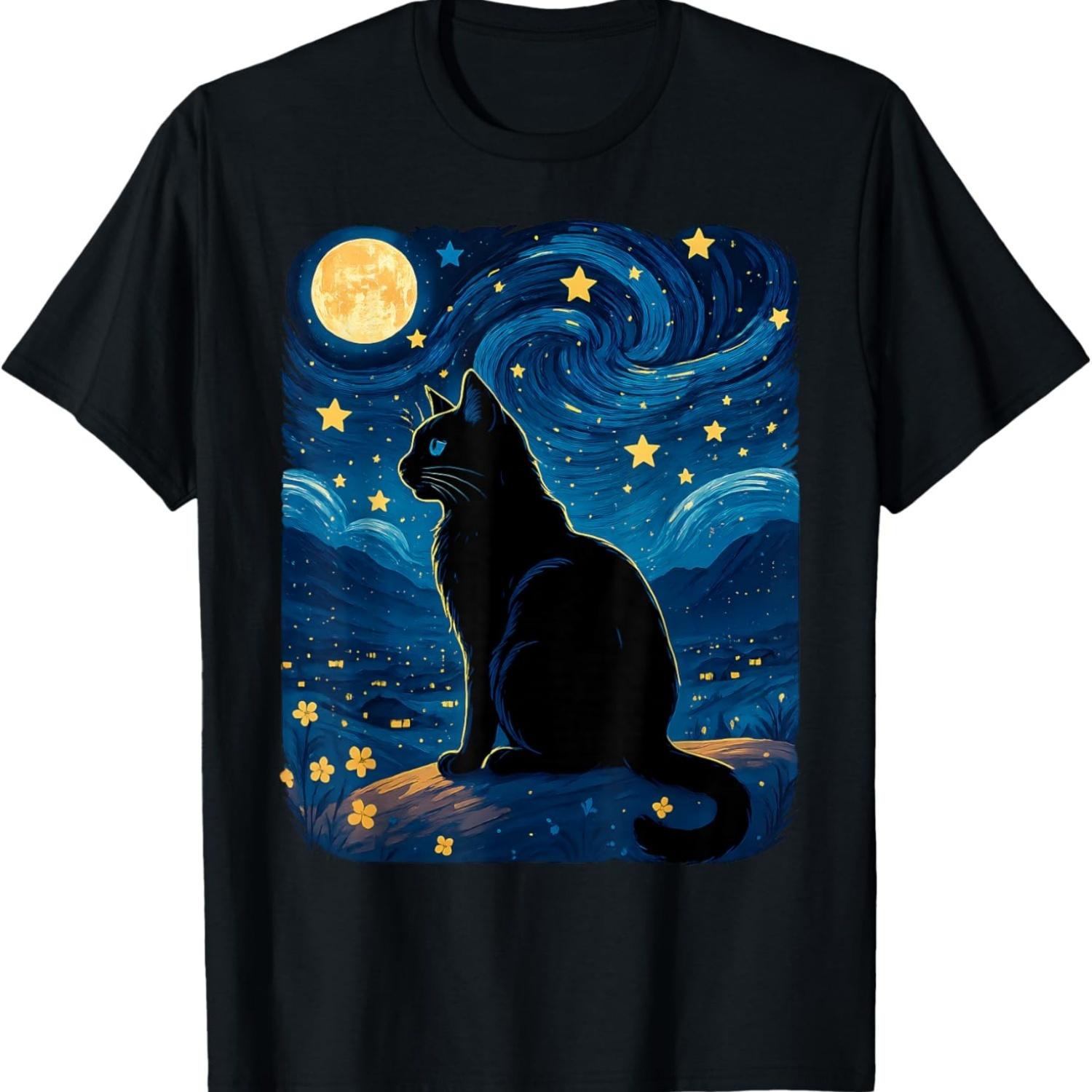 Black Cat Starry Night Oil Painting Funny Cat T-Shirt S чёрный