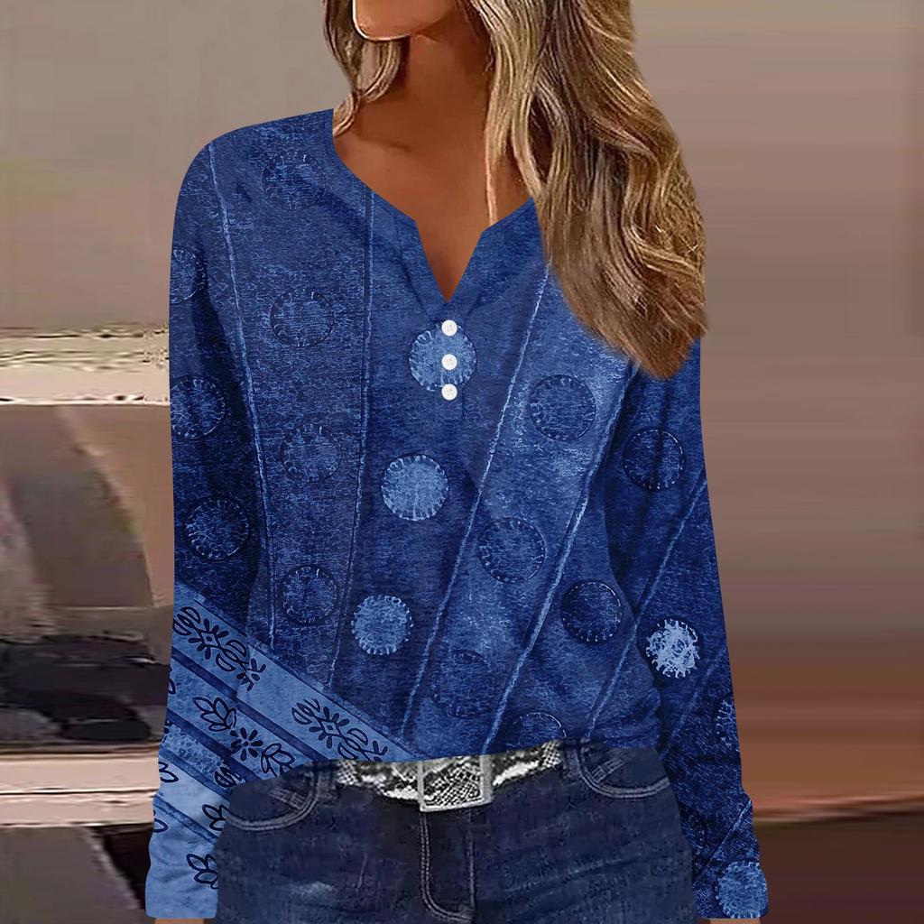 Women's T Shirt Tee Button Print Long Sleeve Daily Weekend Fashion Basic V-Neck Regular Top