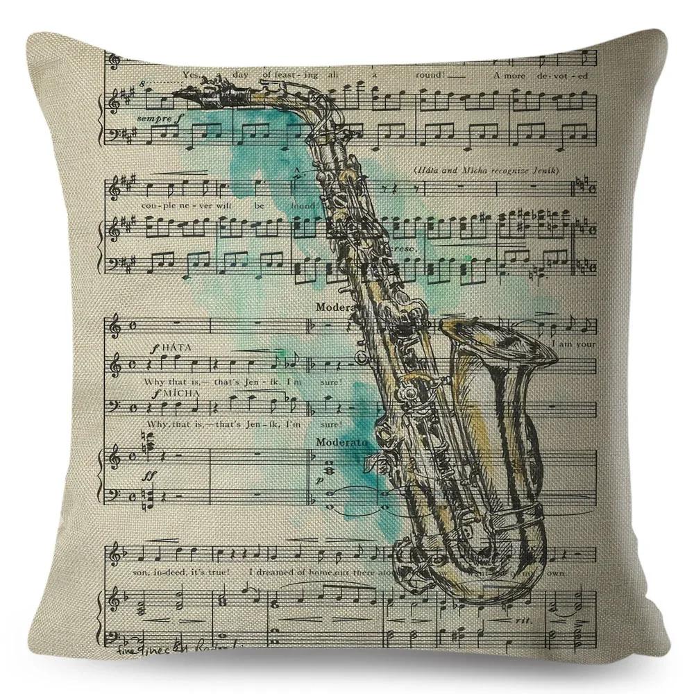 Nordic Style Music Note Pillowcase Decor Vintage Guitar Mike Printed Pillow Case for Home Sofa Polyester Cushion Cover 45x45cm