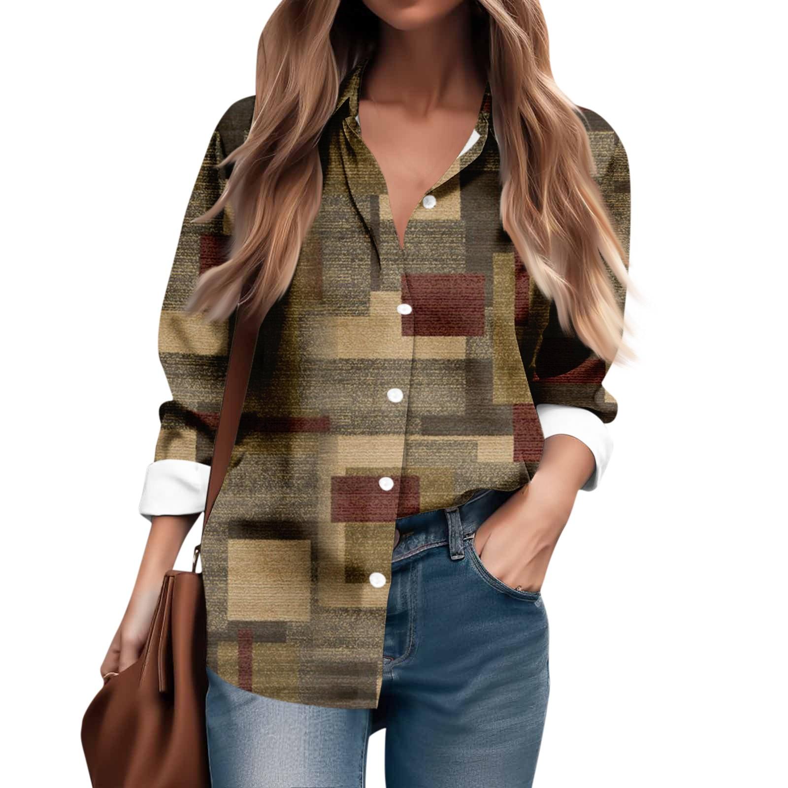 Women s Shirt Plaid Geometric Printed Button Long Sleeved Casual Regular Shirt Collar Top XXXL