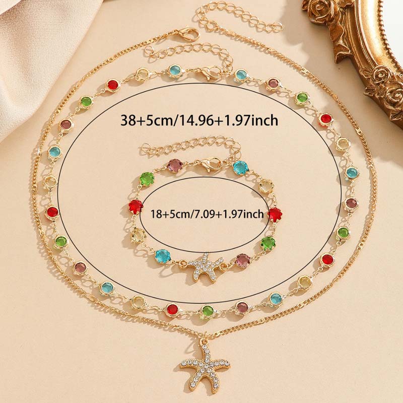 Fashion Colorful Zircon Starfish Pendant Necklace Bracelet for Women Luxury Gold Color Crystal Temperament Choker Zircon Gifts