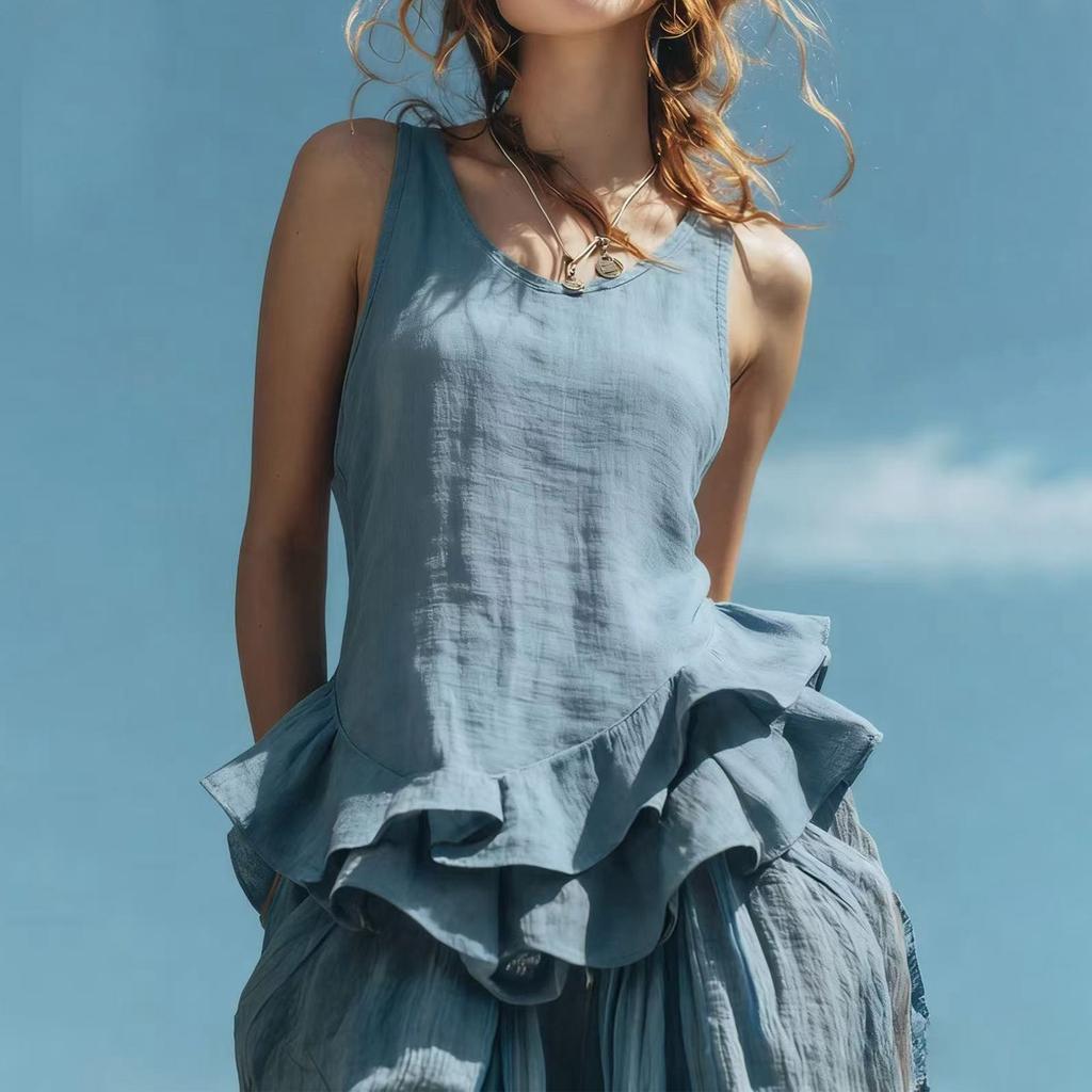 Women Sleeveless Casual Peplum Hem Top Round Neck Relaxed Fit Ruffle Bottom Blouse Lightweight Tank Shirt for Daily Wear