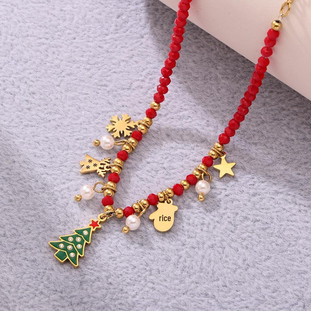 Ferris Wheel Enamel Christmas Zircon Tree Pendant Necklace - European & American Light Luxury Stainless Steel Jewelry