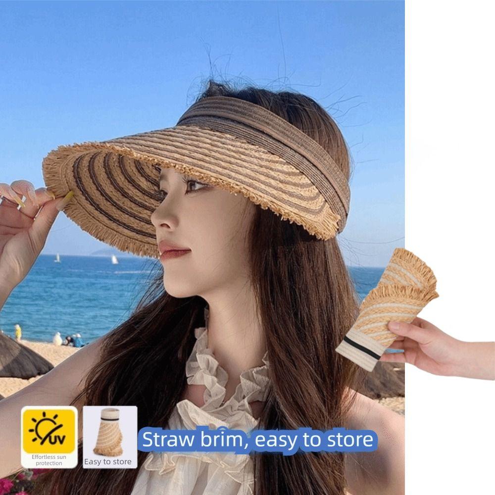 Solid Color Wide Brim Woven Breathable Folding Sunshade Hat Empty Top Straw Hat Seaside Vacation
