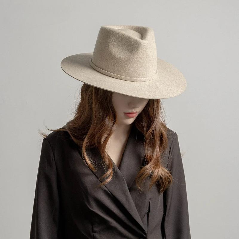 Autumn Winter French Style Pure Wool Fedora Hat With Belt Men Women Vintage Jazz Felt Cap Big Brim Stylish Casual Warm Dress Hat