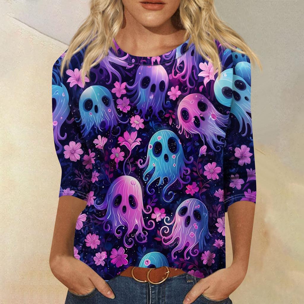 Women's Fashion Casual Three-quarter Sleeve Halloween Printed Round Neck Top