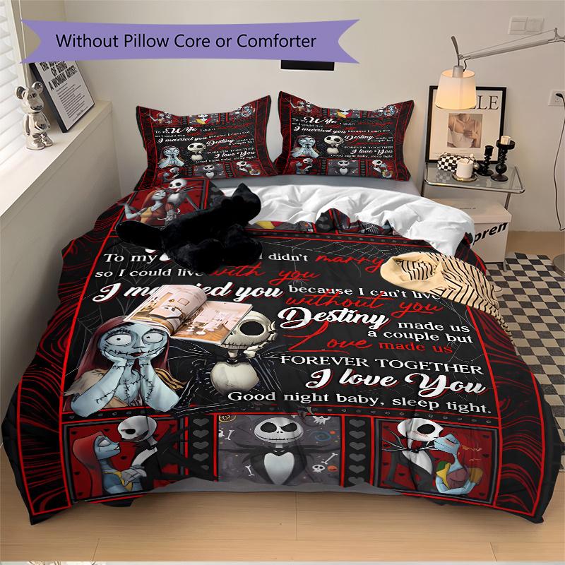 3pcs Jack and Sally To My Wife Bedding Set 1 Soft Quilt Cover + 2 Pillowcases, Machine Washable Suitable for All SeasonsF051