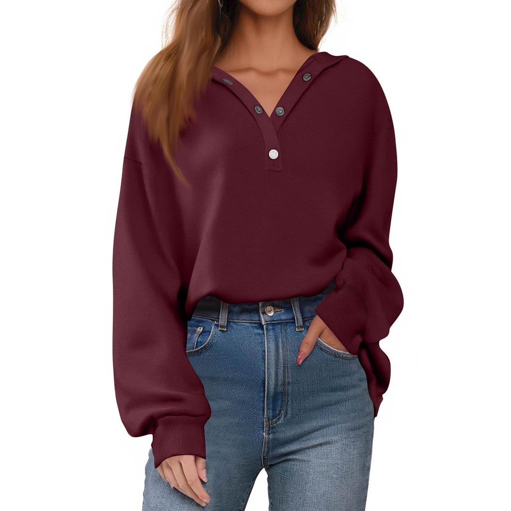 Women's Button Solid Color Pullover Tops Casual Long Sleeve Sweatshirts