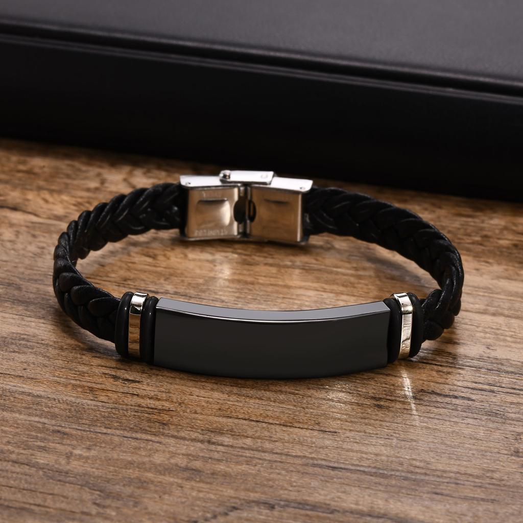 Vnox Custom Leather Bracelets for Men, Engraved Stainless Steel Bar with Braided Leather Bangle, Black Simple Name Husband Gift