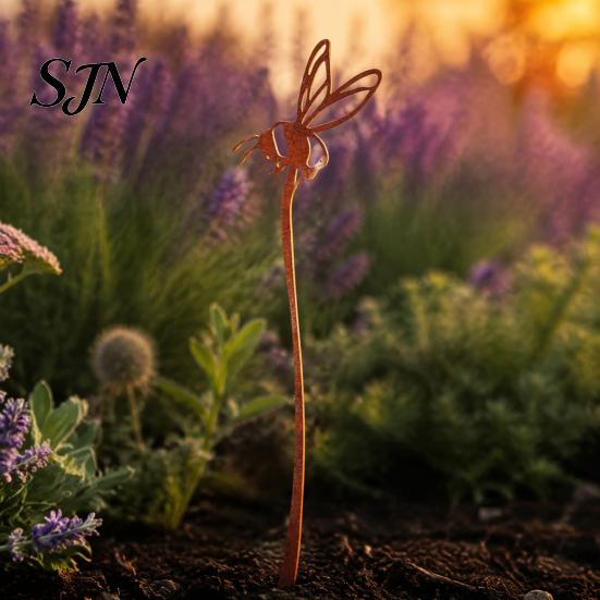 Rust Colored Garden Accents Rusty Silhouette Stake, Rustic Flower Pot Insert for Patio, Vintage Metal Stakes Bird Bee Butterfly And Ladybug