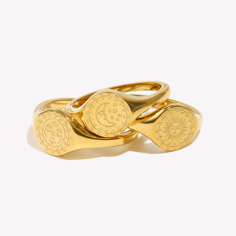 E.B.belle Creative Eagraved Facial Expression of Moon Sun Star Gold Plated Ring Tarnish Free Stainless Steel Godness Signet Ring