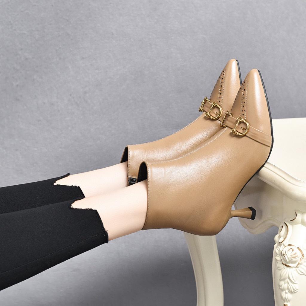 Fashion pointed small bare boots autumn and winter new stiletto fashion boots first layer cowhide side zipper short boots