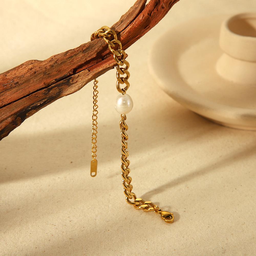 Ins Fashion Baroque Freshwater Pearl Cuban Chain Jewelry 18k Gold Plated Stainless Steel Waterproof Bracelet Jewelry
