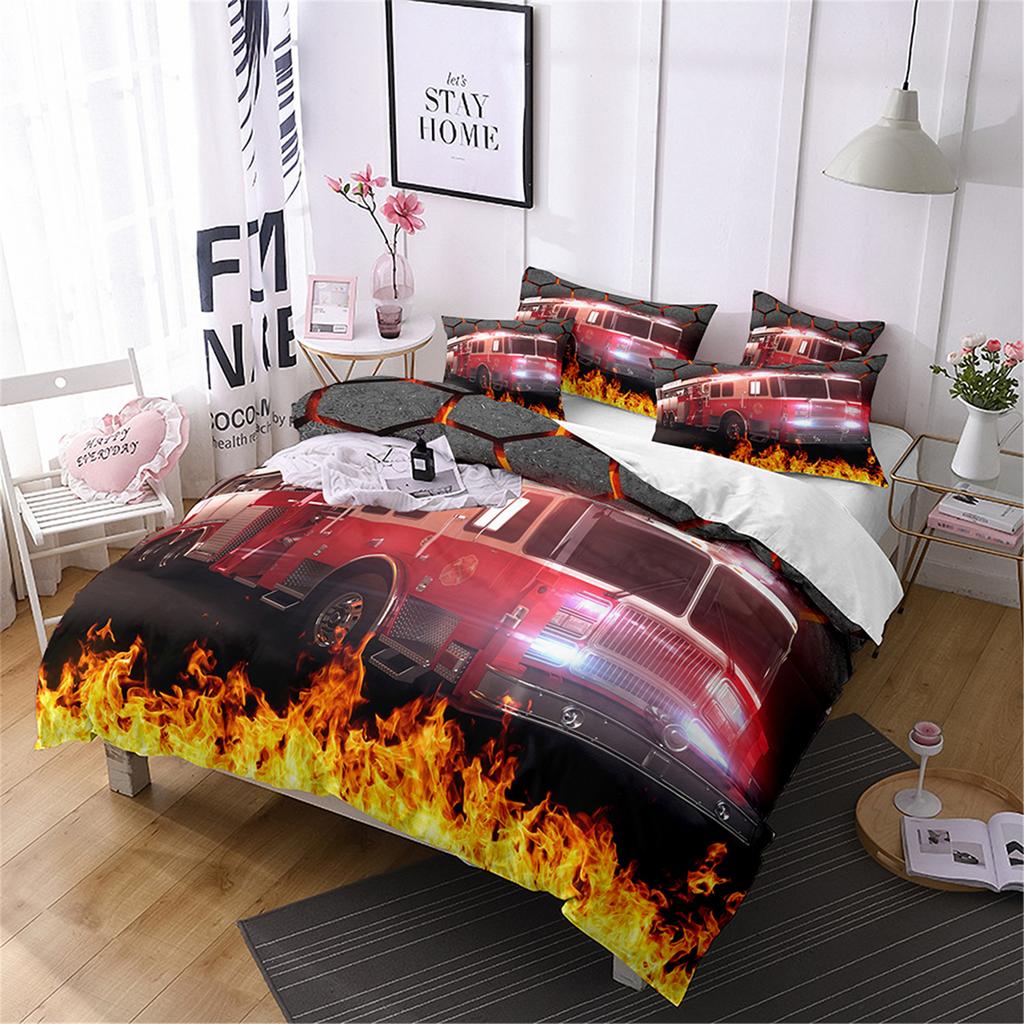 Bedding Three-Piece Set 3D Digital Printing Cartoon Fire Truck Children'S Polished Duvet Cover