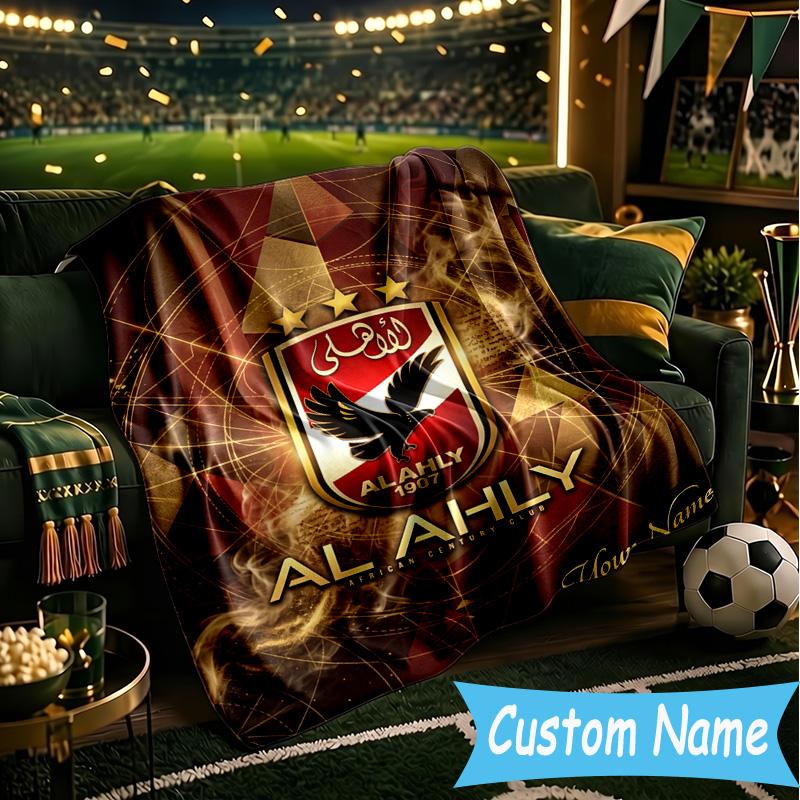 Custom Name Al Ahly Fc Crest Design Flannel Blanket, Use for Birthday/Holiday Gift, Soft Blanket for Sofa/Bed/Camping/Office, Home Decor