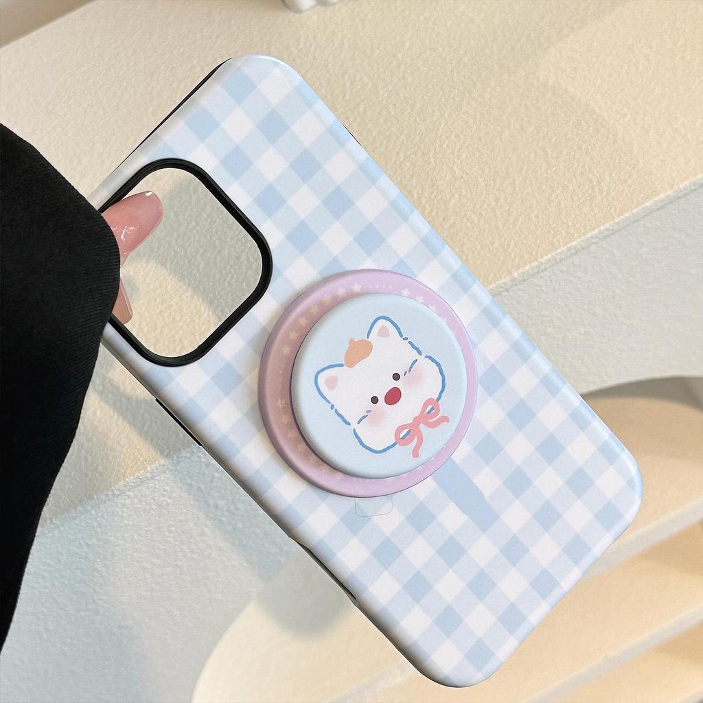 Magnetic Plaid Stand Case for iPhone 16/17, Compatible with 11 Film and 15 Pro Max, featuring Cute Small Animals
