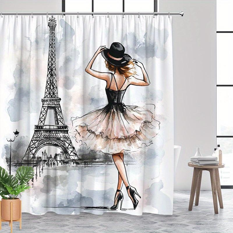 Elegant Parisian Shower Curtain - Woman & Eiffel Tower Design with Pastel Sky, Dreamy Look, Washable Polyester