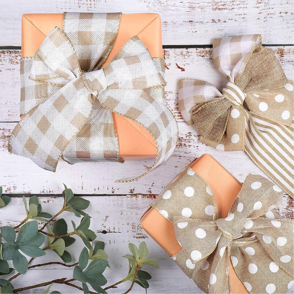 4 Rolls Burlap Wired Ribbons 2.5 inch Polyester Ribbons Farmhouse Ribbon  Thanksgiving