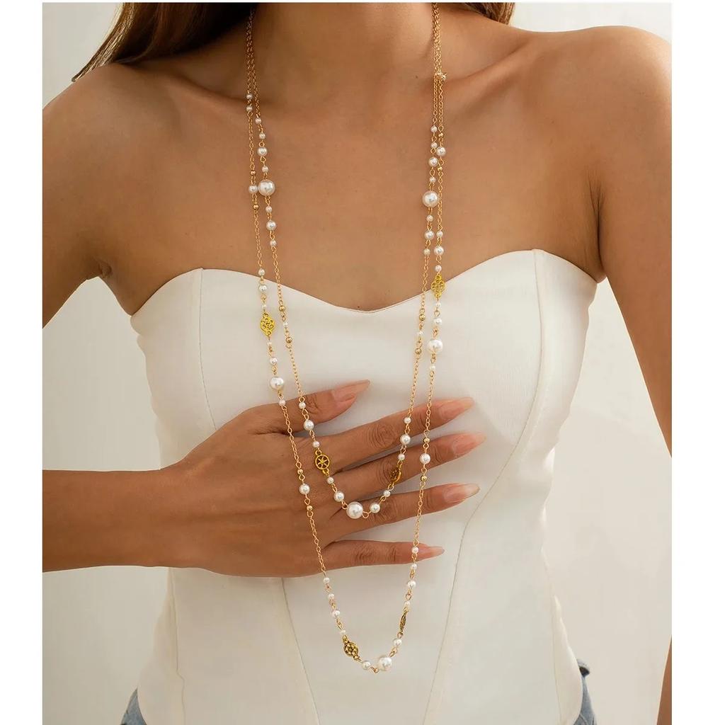 Long Vintage Pearl Pendant Necklace for Women Elegant Beaded Long Tassel Sweater Collar Chain Temperament Fashion Jewelry