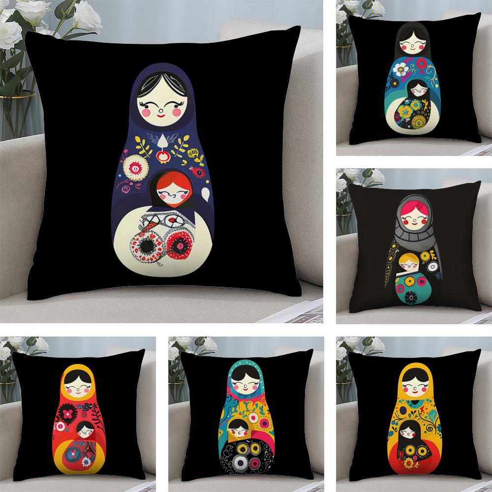 Matryoshka Doll Russia Cushion Cover Soft Plush Fabric Double-Sided Printed Sofa Cushion Cover for All Seasons Home Decor Gift
