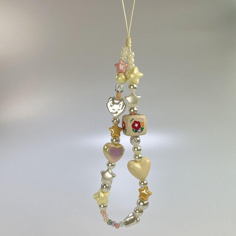 Y2K Korea Flower Stars Beaded Phone Lanyard Ins Style Phone Chain Anti Lost Wristband Keyring Girly Sweet Ccd Camera Pendant