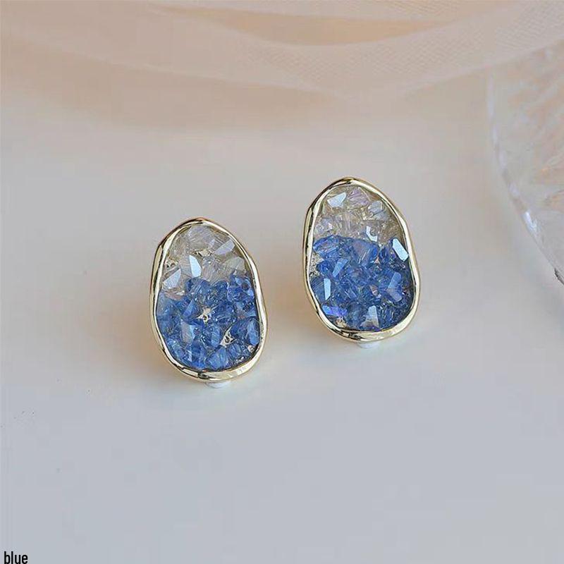 Korean Colorblock Crystal Stud Earrings - Chic & Stylish Women's Ear Clips, Hong Kong Style.