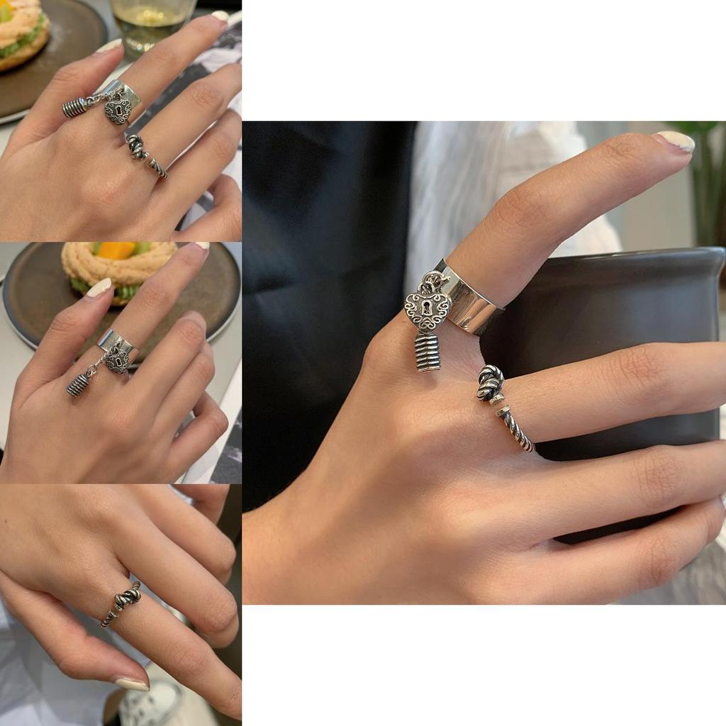 Vintage 925 Elegant Sterling Silver Heart Lock Open Adjustable Ring Women For