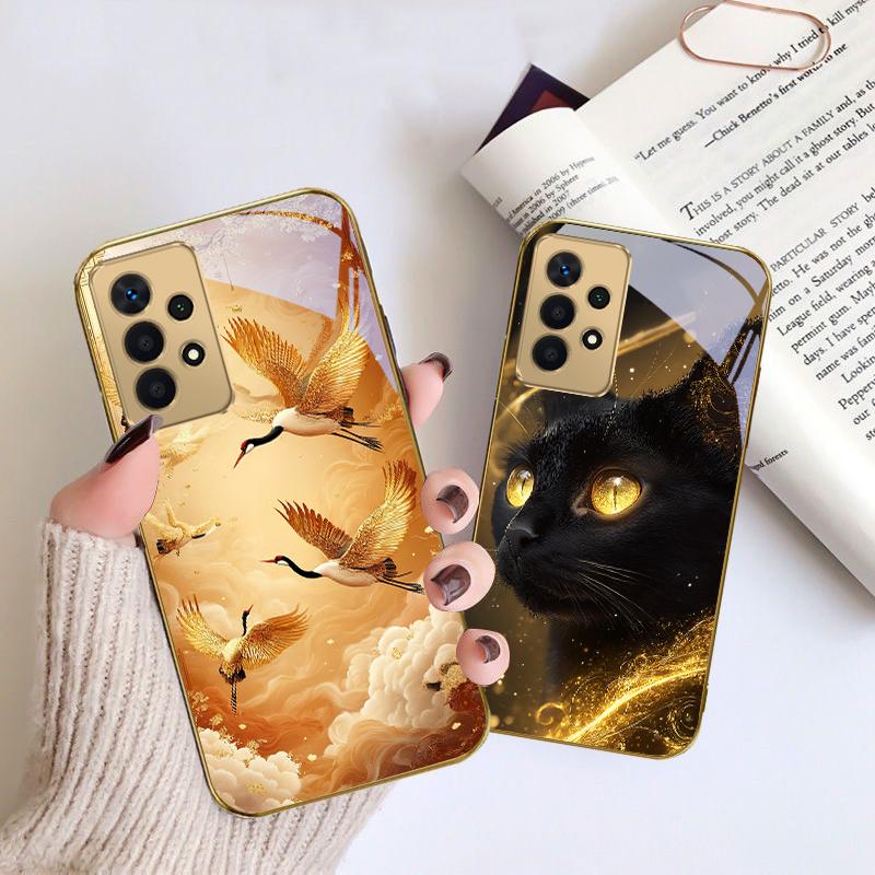 Mysterious black cat For Samsung A 01 52S A04 A05S A10 A12 A13 22 23 24 36 42 M02 Note 10 20Ultra 8 9 Golden glass phone case