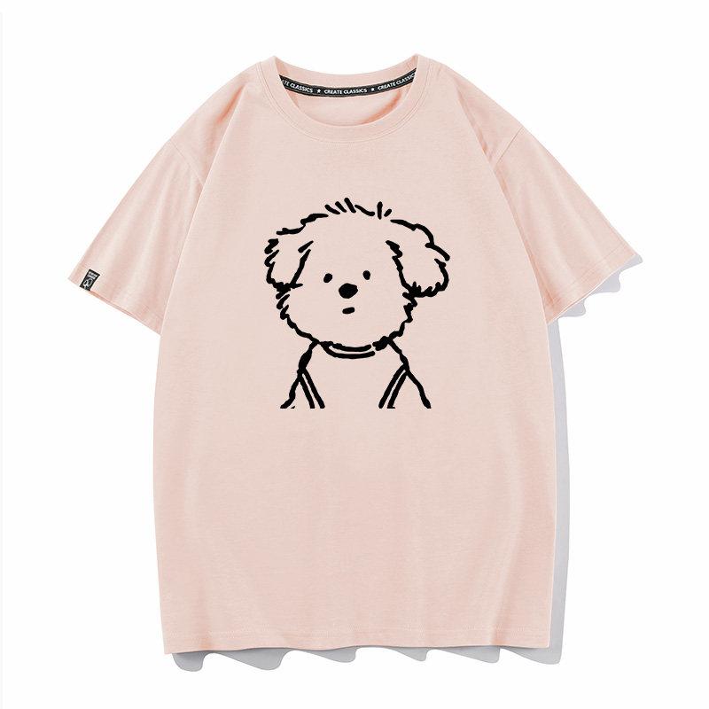 Cute And Simple Puppy Print Ins Loose Couple Short Sleeved Tshirt Trendy White Versatile Unisexs And Unisexs Half Sleeves