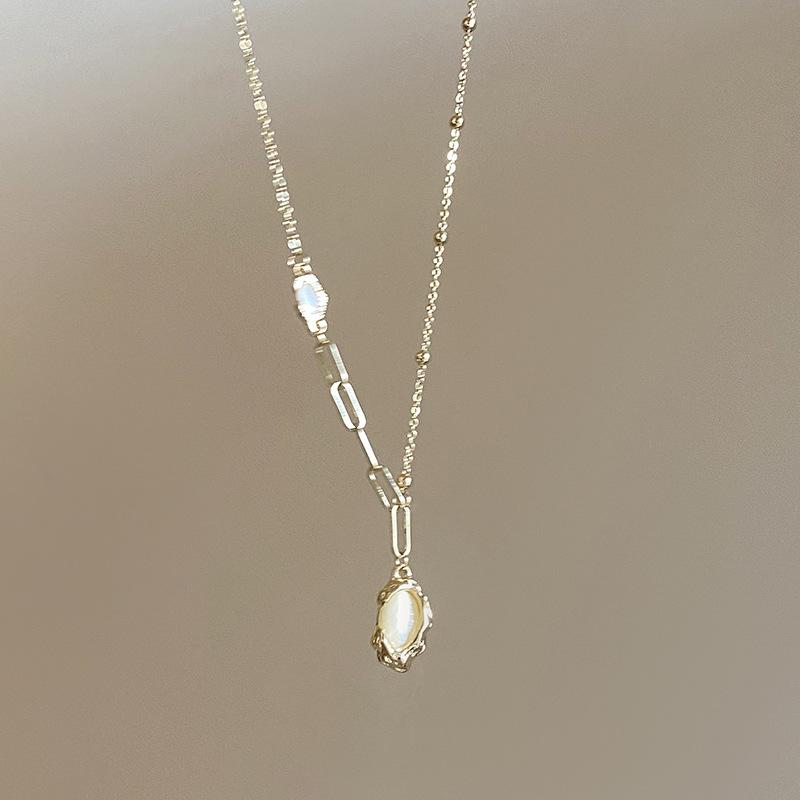Oval Bamboo Joint Artificial Tiger's Eye Stone Necklace Ins Style Simple Light Luxury Collarbone Chain Personalized Fashion Versatile Necklace