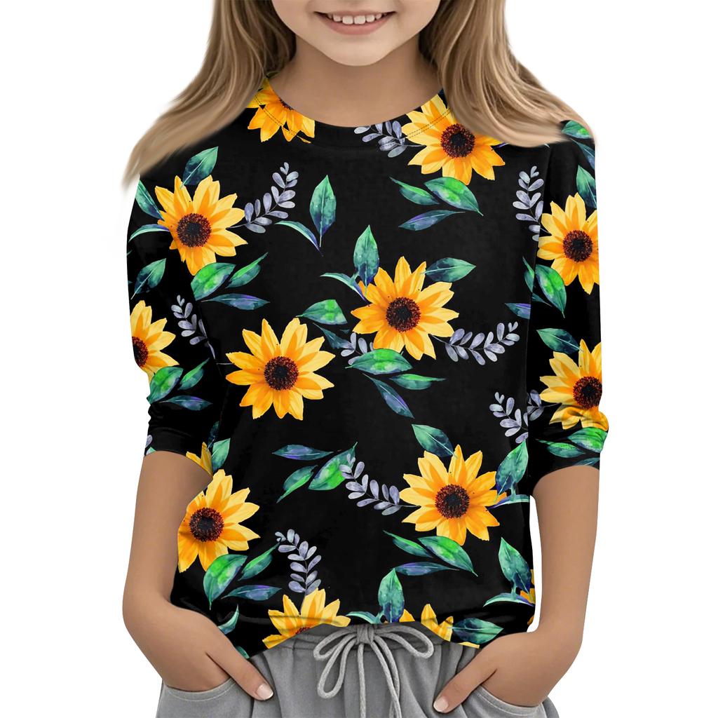 Kinder bedrucktes Rundhals Siebenviertelarm Freizeit T-Shirt