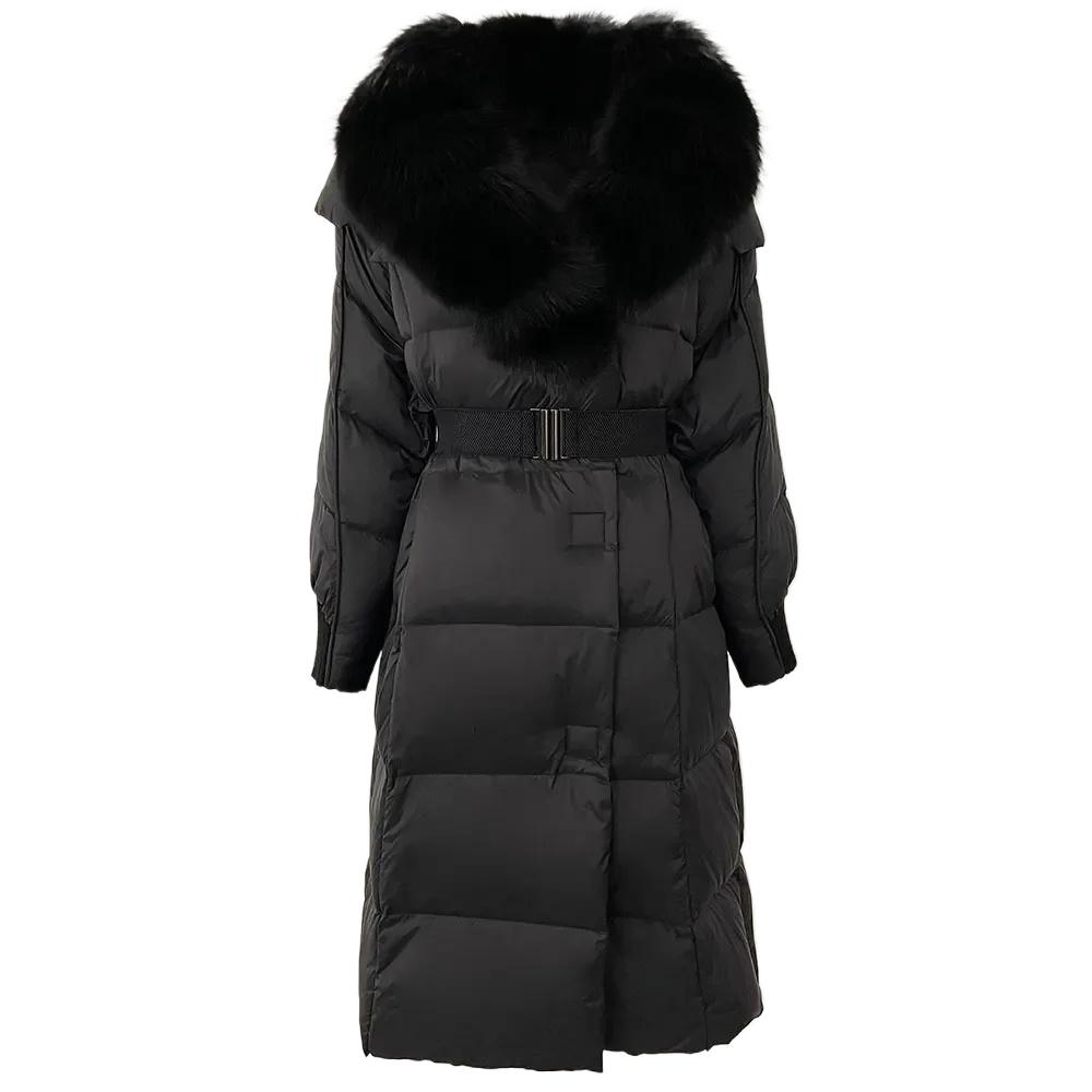 OFTBUY Winter Jacket Women Long Natural Real Raccoon Fox Fur Collar White Duck Down Coat Belt Thick Warm Casual Outerwear