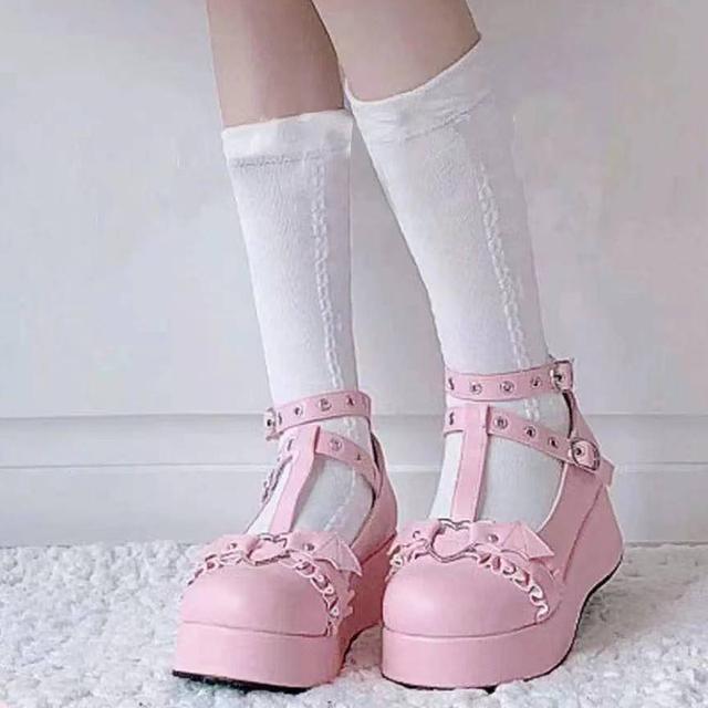 Sweet Heart Buckle Wedges Mary Janes Women Pink T -Strap Chunky Platform Lolita Shoes Woman Punk Gothic Cosplay Shoes 43