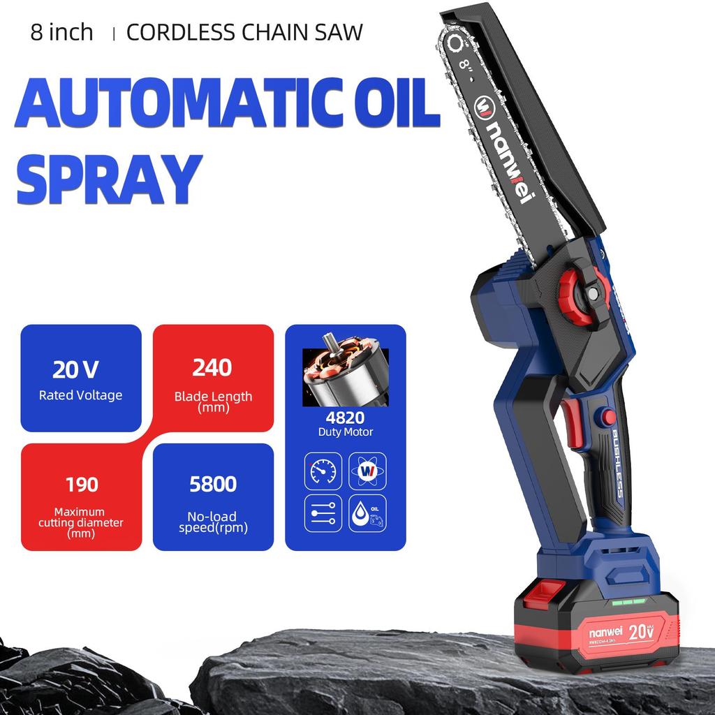 NANWEI Motosierra eléctrica de 8 pulgadas 5800 rpm, Velocidad 8 m/s, Presión manual