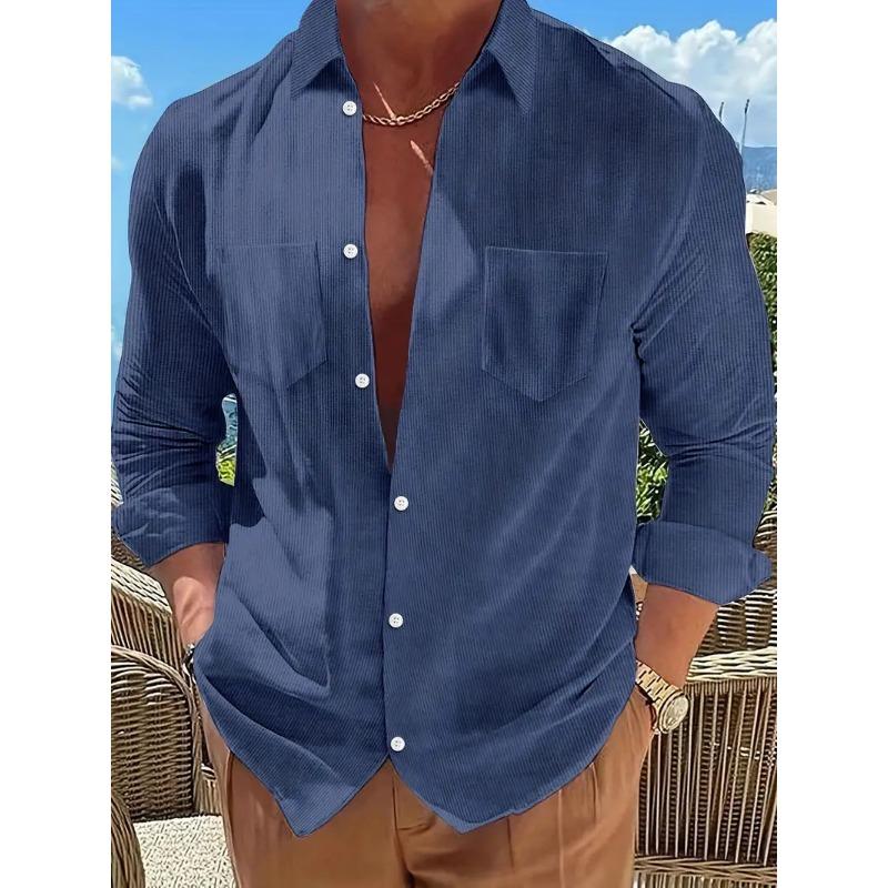 Spring Autumn Men's Long Sleeved Shirt Fashionable Solid Color Lapel Pocket Button Down Tops