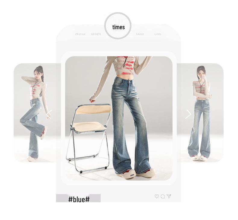 American Retro Mid-Waist Micro-Flare Jeans for Women - 2025 Autumn, Loose Fit, Crease Design