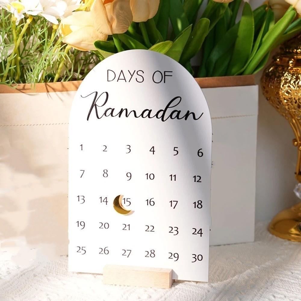 Acrylic Ramadan Advent Calendar White Mirror 30 Days Countdown Calendar Wooden Base DIY Crafts Eid Mubarak Decor