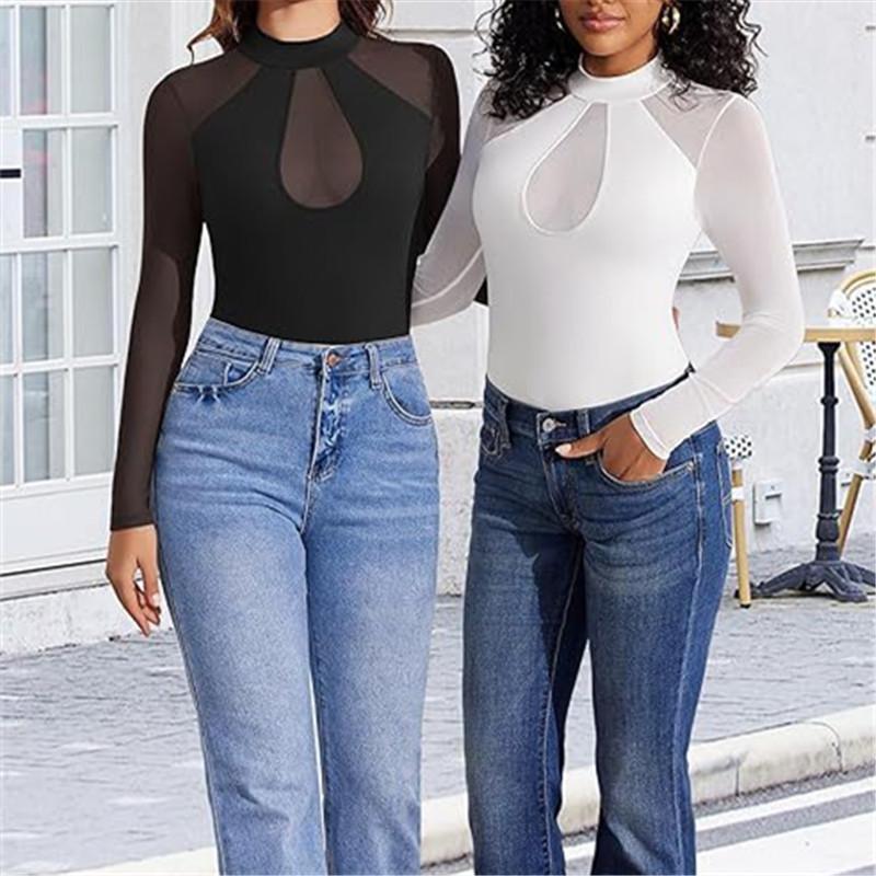 Women's Solid Mesh Mock Neck Cutout Bodysuit Long Sleeve Slim Fit Sheer Top Thong Body Suit Going Out Tops Airplane Outfit Women