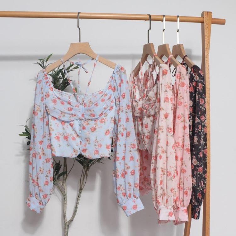 French Elegant Bohemian Floral Blouse Women Sweet Spring Casual Vacation Ruched Elastic Slim Tops Print Shirts