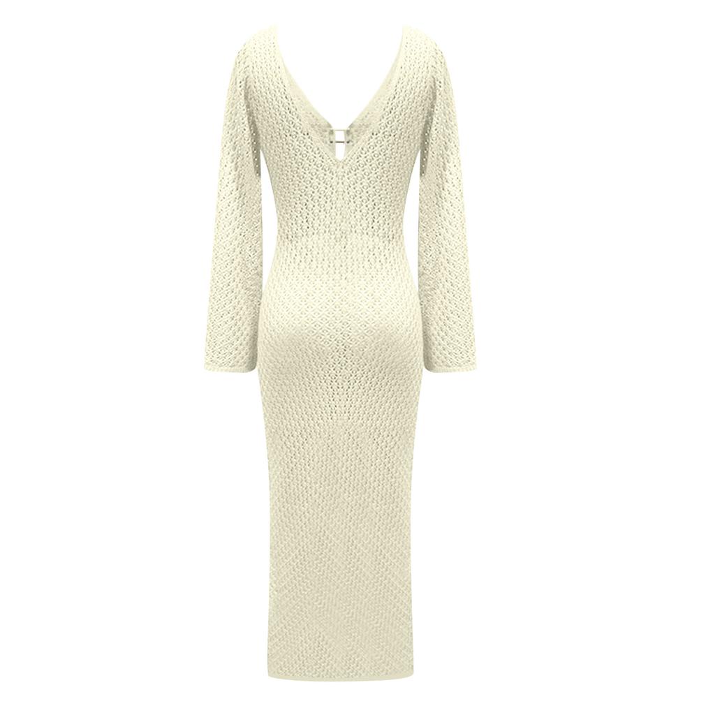 Women's Long Beach Dress Color Knit Hollow Out Swimsuit Cover Up Sunwear