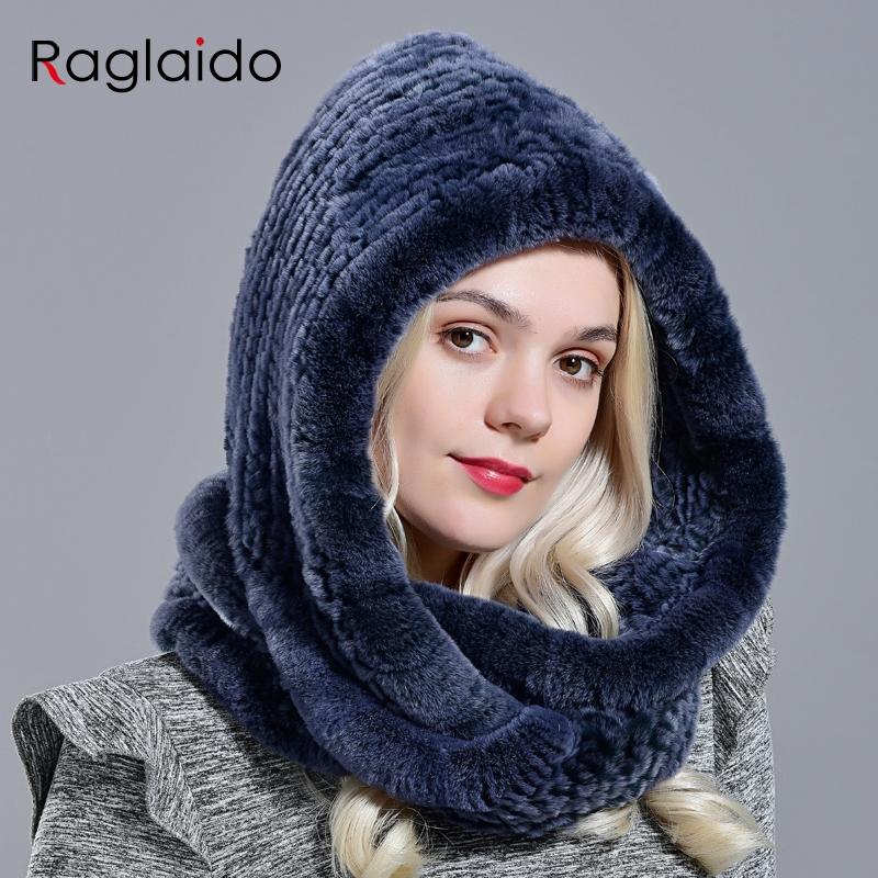Rabbit fur hood Volume hats for women winter warm novelty knitted fur scarf hat stylish fashionable genuine large female fur hat