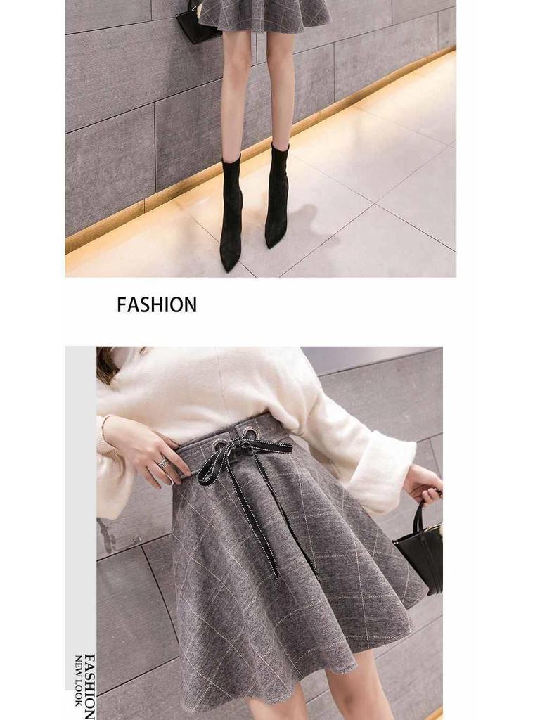 Fustă A-line cu talie înaltă din lână cu carouri pentru femei - Toamnă/Iarnă 2025 Stil coreean Fustă umbrelă