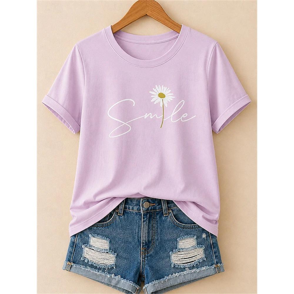 Women's Fashionable Casual Short-Sleeve T-Shirt with Cartoon Dandelion