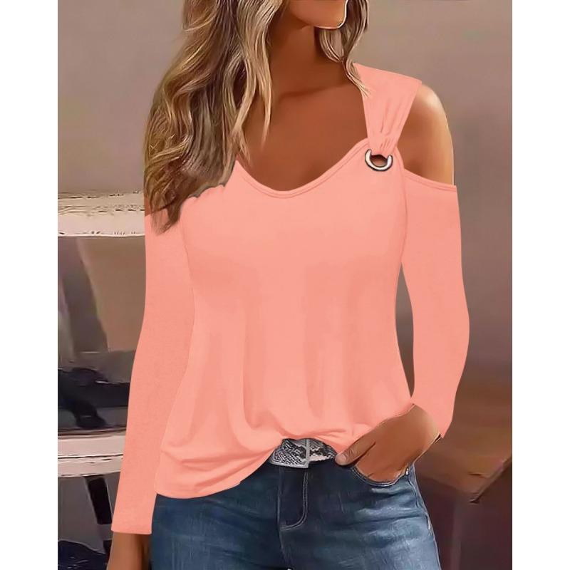 Autumn Simple Metal Button V-neck Shirt Blouse For Women New Fashion Sexy Women Casual TShirt Pullover Tops Femal
