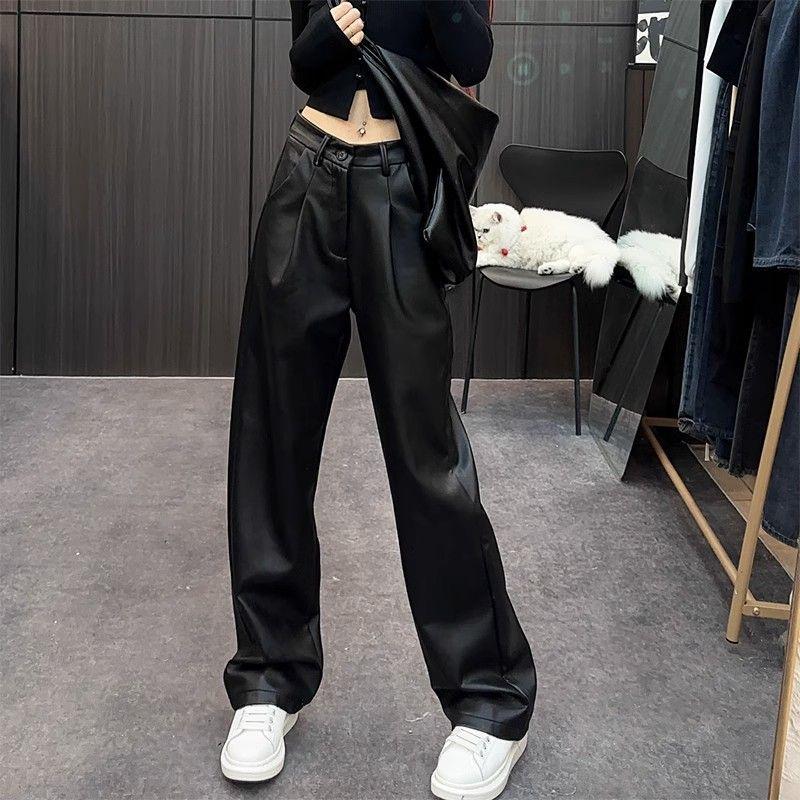 

Plus Size Women s High Waist Black PU Leather Wide Leg Pants for Autumn/Winter S
