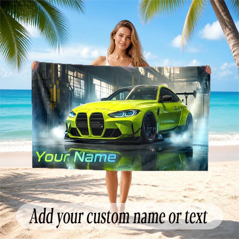 Car Racing Theme Beach Towel Personalized Custom Name & Text Soft Quick Dry Beach Towel for Swimming Travel